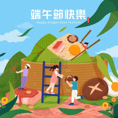 Téléchargez les illustrations : Des gens autour d'un vapeur géant avec des zongzi à l'extérieur. Texte : Happy Dragon Boat Festival. 5 mai - en licence libre de droit