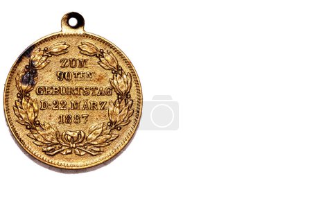 Photo for Gold coloured vintage medal 1887 90th Birthday Wilhelm I Deutscher Kaiser Medal Medallion Coin Commemorative BACK - Royalty Free Image