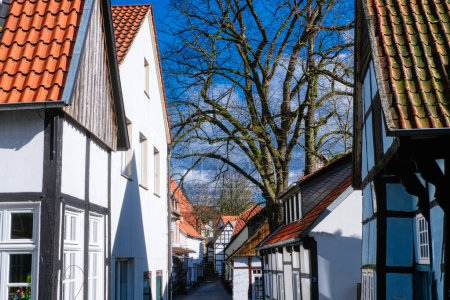 Téléchargez les photos : Rue avec maisons à colombages dans le centre historique de Tecklembourg - en image libre de droit
