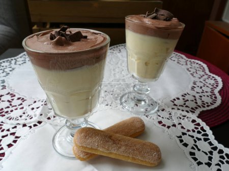 Photo for Vanilla and chocolate pudding in a glass - Royalty Free Image