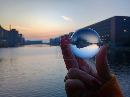 The inner harbour in Duisburg at sunset and lensball reflections