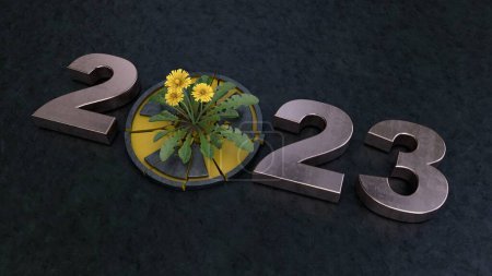 Photo for 3d rendering of the new year's date 2023 and a radiation sign destroyed by a dandelion flower. The idea of the victory of life, kindness and love over aggression and cruelty. No war. - Royalty Free Image