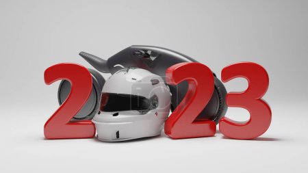 3D-Darstellung des Datums 2023 und eines futuristischen Motorrads. Ein Sporthelm zum Motorradfahren statt Null. Das Bild auf weißem Hintergrund ist isoliert.