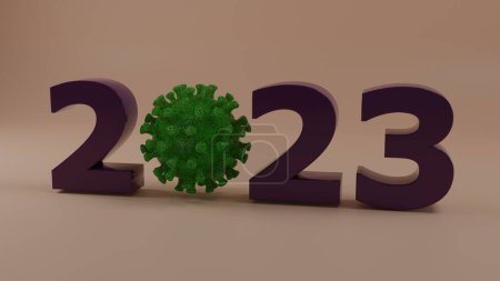 3d rendu de la date 2023 avec coronavirus au lieu de zéro. Maladies et épidémies dans la nouvelle année 2023.