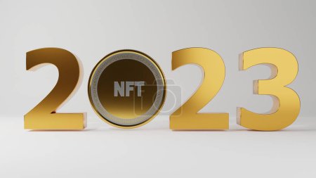 3D-Rendering des Datums 2023 mit einer Goldmünze NFT statt Null. 3D-Bild isoliert auf weißem Hintergrund.