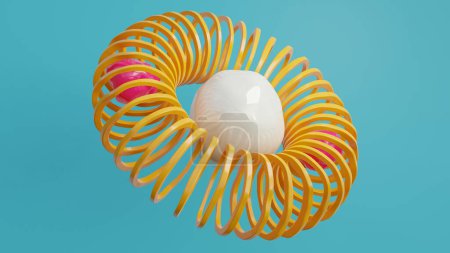 Téléchargez les photos : Rendu 3d, une composition abstraite d'une sphère irrégulière et de nombreux anneaux assemblés dans un tunnel fermé. Il y a deux sphères roses irrégulières dans les anneaux. - en image libre de droit