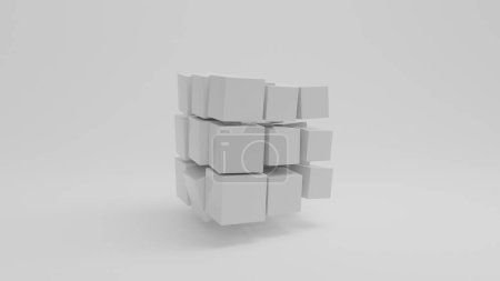 Téléchargez les photos : Rendu 3d d'un ensemble de nombreux cubes blancs sur une surface blanche. Les cubes sont de tailles différentes et violent la structure et l'ordre du tableau. L'idée de l'attractivité de perturber l'ordre. - en image libre de droit