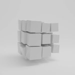 3d rendering of a set of many white cubes over a white surface. Cubes are of different sizes and violate the structure and order of the array. The idea of the attractiveness of disturbing the order.