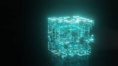 representación 3d de un cubo de neón abstracto sobre una superficie reflectante negro. El Teseracto. Una fantástica ilustración de la quinta dimensión. La idea de las máquinas de computación cuántica.