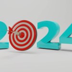 3d rendering of the New year's date 2024 and a sports target for darts and arrows. The dart hit the target. The idea of sporting achievements and success in the new year 2024. Illustration