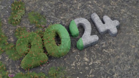 Foto de 3d representación de la superficie de piedra y la fecha del nuevo año 2024. La fecha de piedra está parcialmente cubierta de hierba. Año Nuevo 2024, el año de la protección del medio ambiente y el movimiento medioambiental. - Imagen libre de derechos