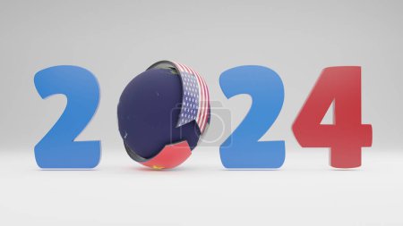 Photo for 3d rendering of the date 2024 and the planet Earth around which the arrows with the flag of the USA and China are moving. The idea of economic and political competition and confrontation. - Royalty Free Image