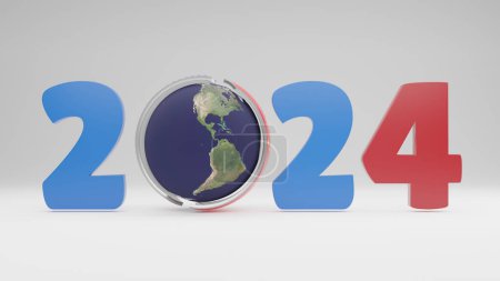 Photo for 3d rendering of the year 2024 and the planet Earth around which the arrows with the US flag are moving. The idea of economic and political competition and confrontation. The struggle for world domination - Royalty Free Image
