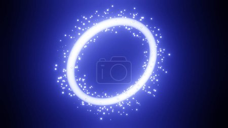 Téléchargez les photos : Rendu 3d d'une sphère et un anneau lumineux avec des particules. Illustration abstraite d'un objet bleu lumineux, d'un corps cosmique, d'une multitude de particules élémentaires. - en image libre de droit