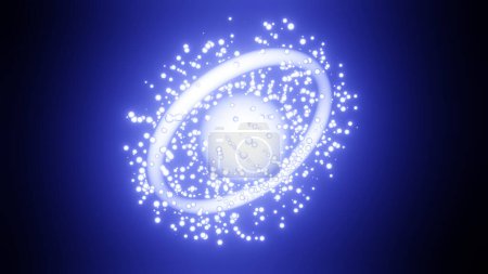 3D-Darstellung einer Kugel und eines glühenden Rings mit Teilchen. Abstrakte Darstellung eines blau leuchtenden Objekts, eines kosmischen Körpers, einer Vielzahl von Elementarteilchen.