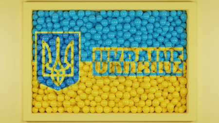 Photo for 3d rendering. The Ukrainian flag. A lot of balloons with the symbol of Ukraine and a call to stop the war in Ukraine. - Royalty Free Image