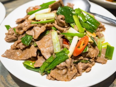 Photo for Scallion beef stir fry with green onions - Royalty Free Image