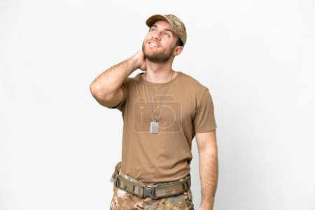 Foto de Military with dog tag over isolated white background thinking an idea - Imagen libre de derechos