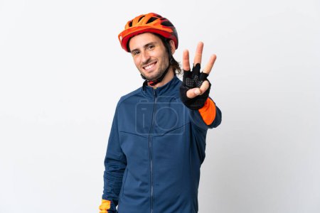Photo for Young cyclist man isolated on white background happy and counting three with fingers - Royalty Free Image