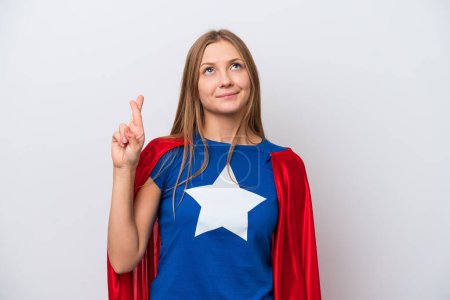 Photo for Super Hero Russian woman isolated on white background with fingers crossing and wishing the best - Royalty Free Image