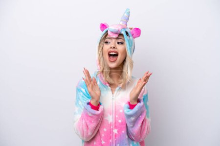 Photo for Young Russian woman with unicorn pajamas isolated on white background with surprise facial expression - Royalty Free Image