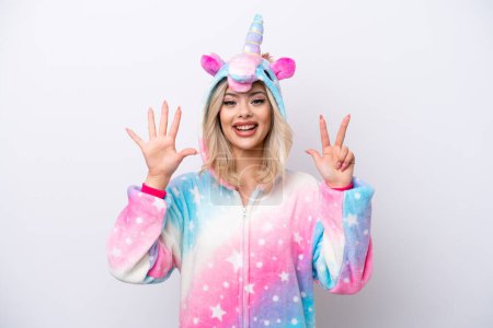 Photo for Young Russian woman with unicorn pajamas isolated on white background counting eight with fingers - Royalty Free Image