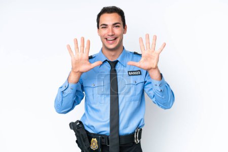 Foto de Joven policía caucásico hombre aislado sobre fondo blanco contando diez con los dedos - Imagen libre de derechos