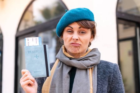 Photo for Brunette woman holding a passport at outdoors with sad expression - Royalty Free Image
