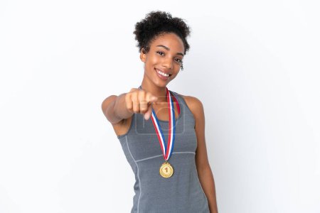 Photo for Young African American woman with medals isolated on white background points finger at you with a confident expression - Royalty Free Image