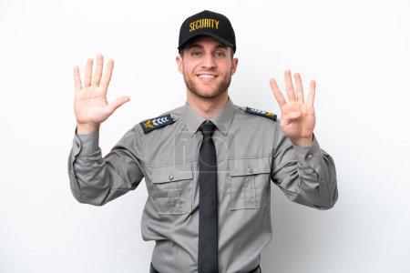 Foto de Joven salvaguardia hombre caucásico aislado sobre fondo blanco contando nueve con los dedos - Imagen libre de derechos