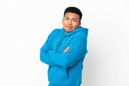 Photo for Young Ecuadorian man isolated on white background making doubts gesture while lifting the shoulders - Royalty Free Image