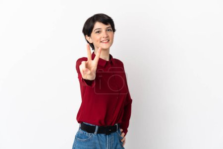 Photo for Woman with short hair isolated on white background smiling and showing victory sign - Royalty Free Image