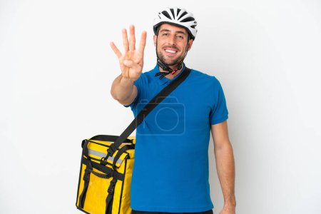 Photo for Young caucasian man with thermal backpack isolated on white background happy and counting four with fingers - Royalty Free Image