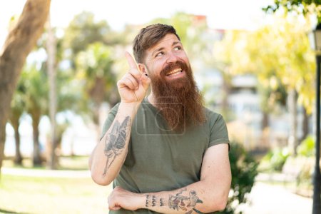 Téléchargez les photos : Homme rousse avec barbe dans l'intention de réaliser la solution tout en levant le doigt - en image libre de droit