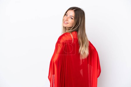 Photo for Young Romanian woman isolated on white background in superhero costume and doingposing with arms at hip and smiling - Royalty Free Image