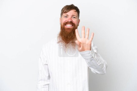 Photo for Redhead man with long beard isolated on white background happy and counting four with fingers - Royalty Free Image