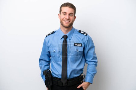 Photo for Young police caucasian man isolated on white background laughing - Royalty Free Image