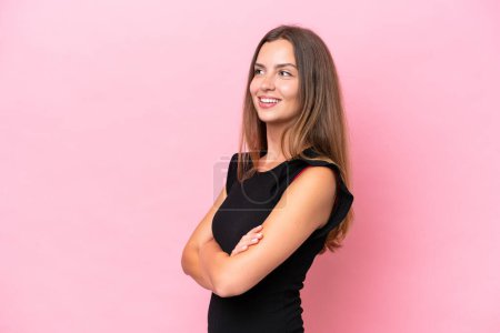 Photo for Young caucasian woman isolated on pink background happy and smiling - Royalty Free Image