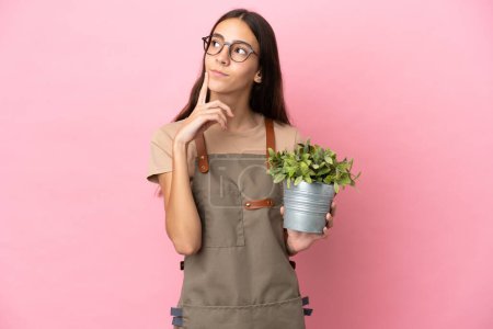 Téléchargez les photos : Jeune fille jardinière tenant une plante isolée sur fond rose ayant des doutes tout en levant les yeux - en image libre de droit