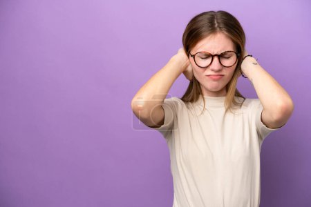 Photo for Young English woman isolated on purple background frustrated and covering ears - Royalty Free Image