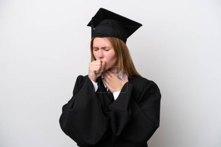 Foto de Joven graduada universitaria inglesa aislada sobre fondo blanco sufre de tos y se siente mal - Imagen libre de derechos