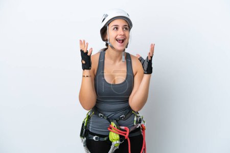 Young Ukrainian rock climber woman isolated on white background with surprise facial expression