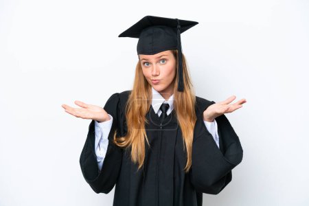Photo for Young university graduate caucasian woman isolated on white background having doubts while raising hands - Royalty Free Image