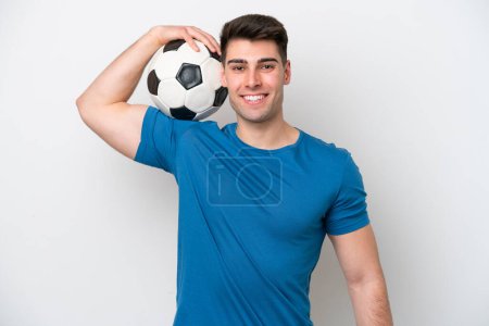 Photo for Young caucasian man isolated on white background with soccer ball - Royalty Free Image