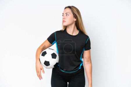 Photo for Young caucasian woman isolated on white background with soccer ball - Royalty Free Image
