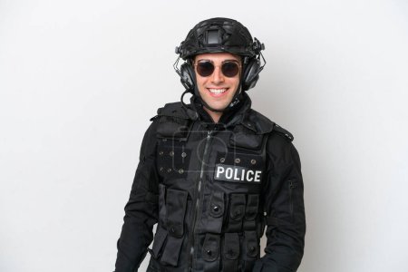 Photo for SWAT caucasian man isolated on white background with glasses and happy - Royalty Free Image