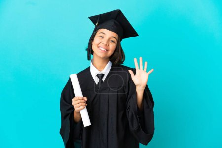 Photo for Young university graduate girl over isolated blue background counting five with fingers - Royalty Free Image