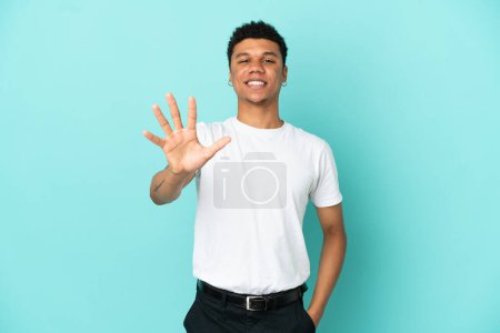 Photo for Young African American man isolated on blue background counting five with fingers - Royalty Free Image