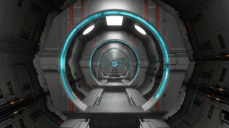 Infinite corridor inside a futuristic spaceship. 3D design