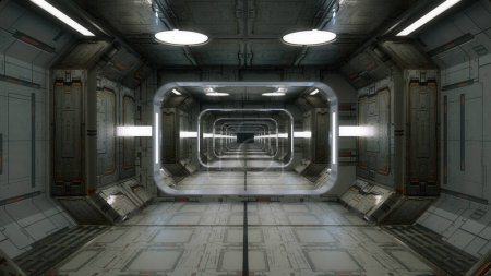 Unendlicher Korridor in einem futuristischen Raumschiff. 3D-Gestaltung